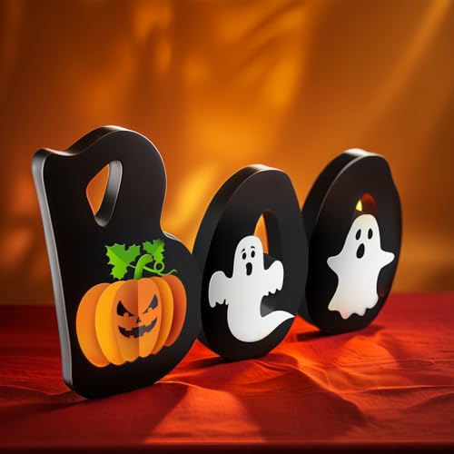 LLPMutu Wooden BOO Sign Halloween Table Decoration with Pumpkin and Ghost