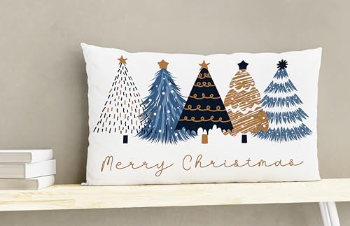 Christmas Tree Pillow Cover - Blue and Gold Holiday Decor for Living Room & Bedroom - 20x12 - Variation of this Listing