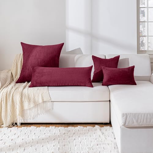 Yosodeko 12x24 Inch Striped Corduroy Lumbar Pillow Cover, Burgundy
