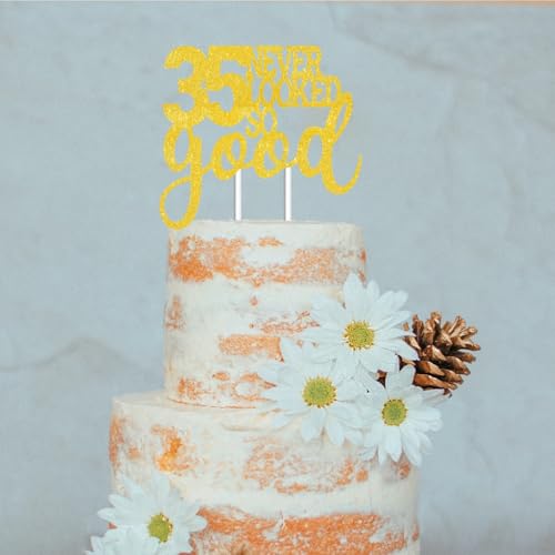 35 Never Looked So Good Gold Glitter Cake Topper for 35th Birthday