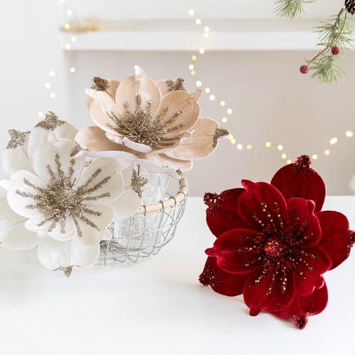 Artificial Glitter Magnolia Flowers Christmas Poinsettia Ornaments Picks - Red, 9.4 Inches, Set of 6