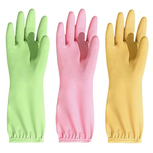 XAZISUYE Dishwashing Gloves - 3 Pairs, Medium, Pink Yellow Green