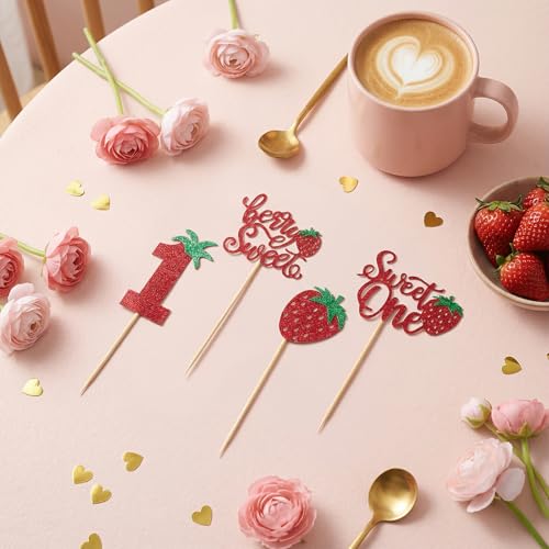 24 Strawberry Cupcake Toppers for 1st Birthday Party Decor