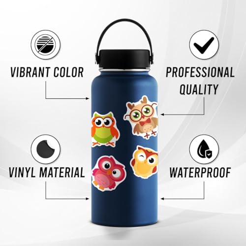 50 Pcs Waterproof Cute Owl Stickers for Water Bottles & Laptops