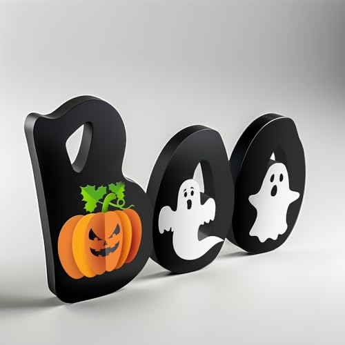 LLPMutu Wooden BOO Sign Halloween Table Decoration with Pumpkin and Ghost