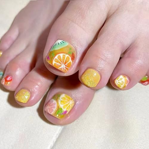 GRITOSE Lemon Fruit Press On Toenails Short Square Fake Toe Nails 24pcs