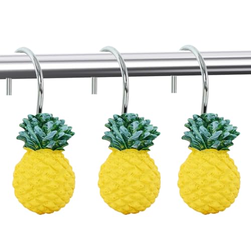12-Piece Pineapple Shower Curtain Hooks - Decorative Resin Bathroom Rings