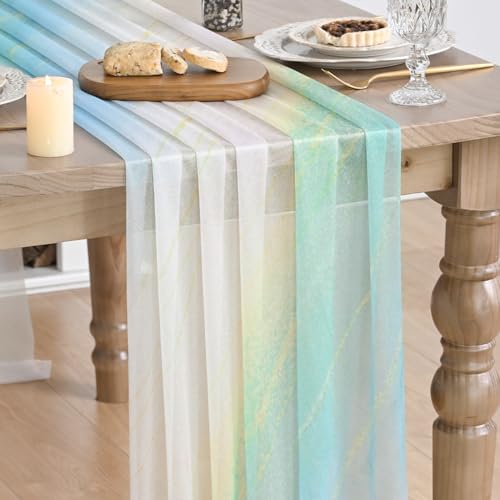 28x120 Inch Blue Boho Gradient Table Runner Chiffon Spring Decor for Kitchen & Dining