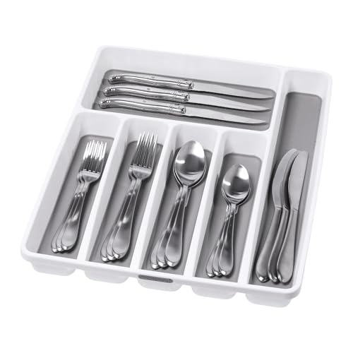 madesmart Premium Antimicrobial Classic Large Silverware Tray Soft Grip, Non-Slip Kitchen Drawer, 6 Compartments, Multi-Purpose Home Organization, EPA Certified, White