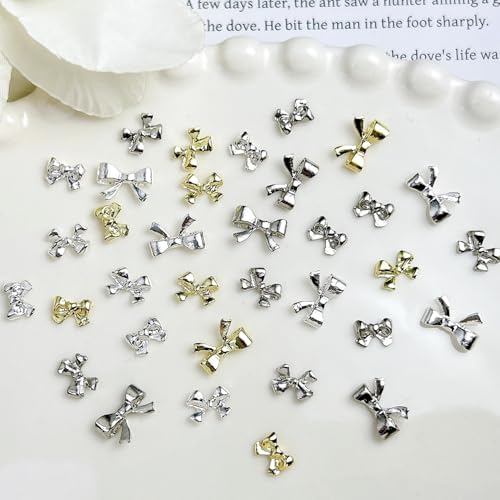 Tephrent 100Pcs Metal Bow Nail Gems and Charms - Gold & Silver Rhinestones