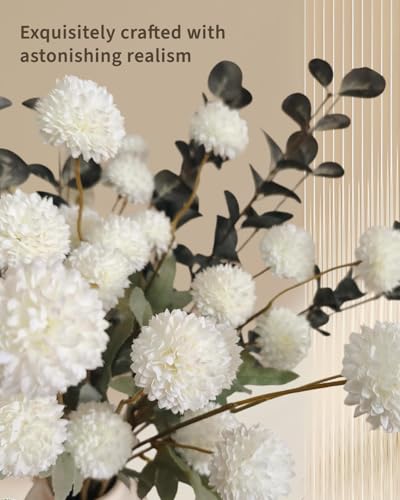 10 Pcs White Silk Mini Chrysanthemum Artificial Flowers with Eucalyptus Stems