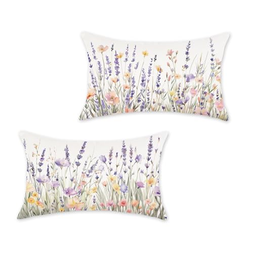 Spring Floral Throw Pillow Covers 12x20 Inch Set of 2 Farmhouse Lavender Decor
