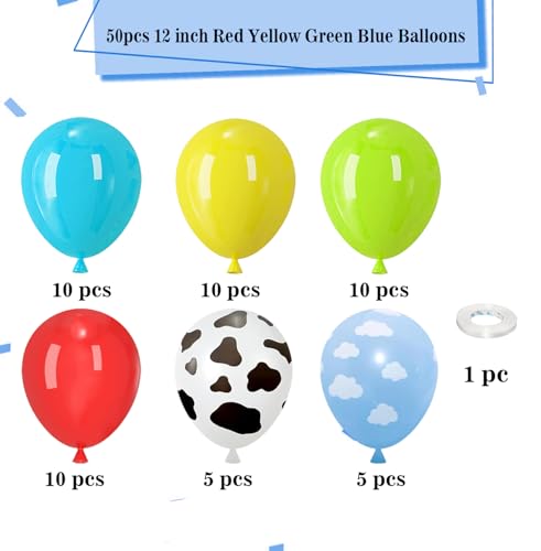 50pcs 12-Inch Multi-Color Balloon Set: Red, Blue, Yellow, Green, Cow & Cloud