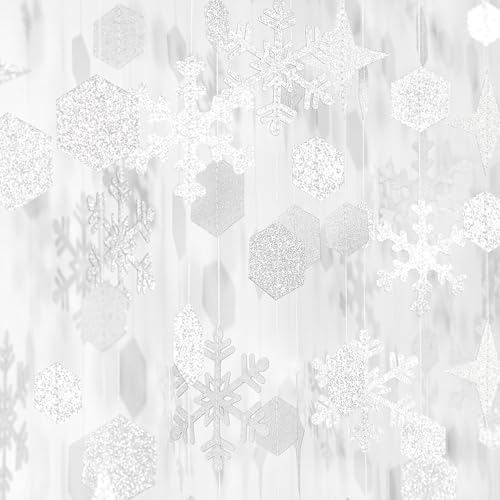 Snowflake Snow White Silver Christmas Party Decorations Streamers - 52Ft Winter Wonderland Garland - Glitter Silver Variation