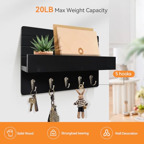 Black Wooden Key Holder Wall Mount with Shelf & 5 Hooks - KISENG