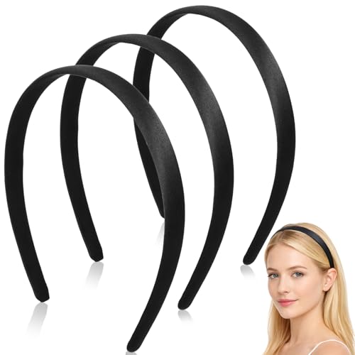 Tiesome 3-Piece Satin Black Headbands - 0.6 Inch Wide Non-Slip Hair Bands