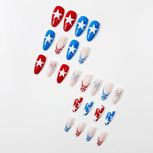 Sutaozhi 4th of July Press on Nails Medium Almond French Tip False Nails