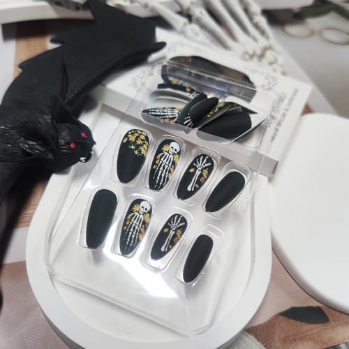 AROVFAM Halloween Press on Nails Medium Almond Skull Fake Nails 24Pcs