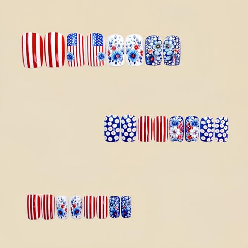 Independence Day Press on Nails Medium Square 4th of July Fake Nails 24 Pcs