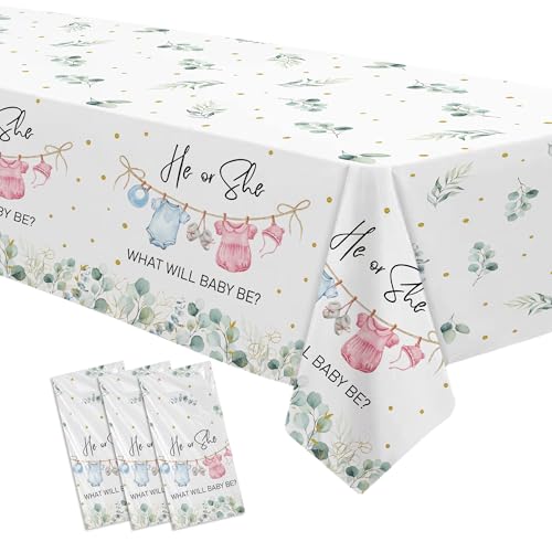 3-Pack Greenery Gender Reveal Tablecloths | 86x55in Disposable Covers