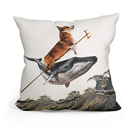 Aquadog Corgi on Whale Throw Pillow Cover - 18 x 18 Inch Cotton Linen