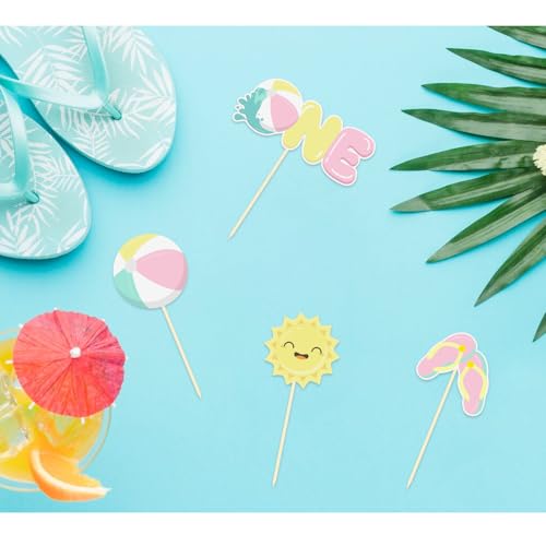 24 Pcs Pink Beach Ball Cupcake Toppers for 1st Birthday
