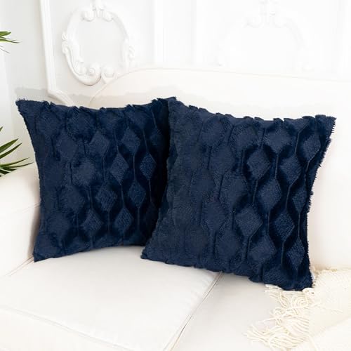 Navy Blue Faux Fur Plush Throw Pillow Covers 18x18 (Pack of 2)