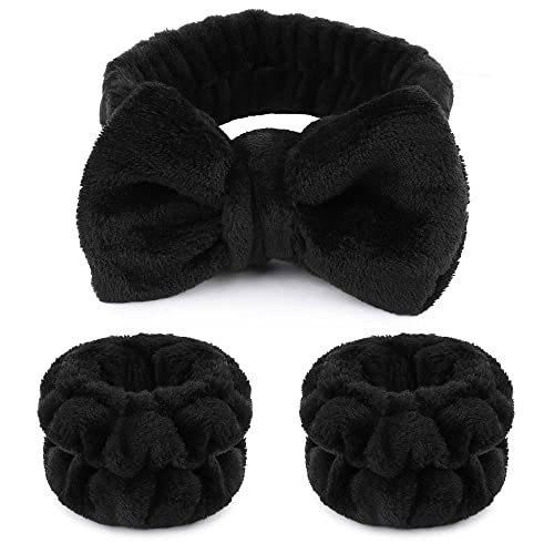Black Spa Headband and Wristbands Set for Washing Face and Skincare