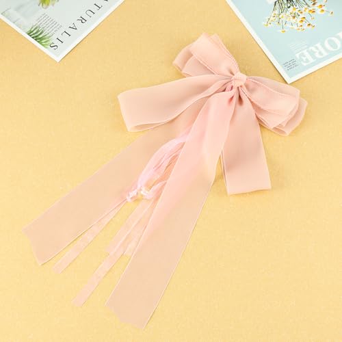 Firopia Pink Silk Hair Bow with Long Ribbons and Beads