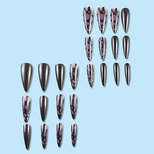 Purple Long Almond Press on Nails with Metallic Silver Line Designs Glossy Acrylic False Nails 24Pcs