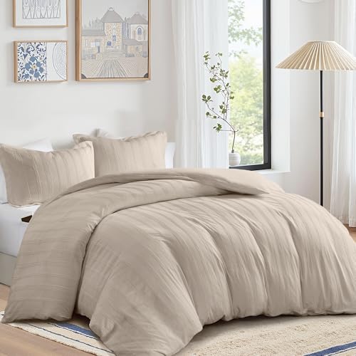 Madison Park Essentials Striped Duvet Cover Set Queen, Modern Minimalist Bedding Set with Premium Jacquard Stripe, 3 Pieces Duvet Cover Reversible with Zipper Closure & Corner Ties,Neutral