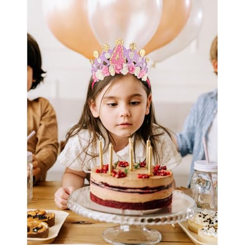 TODDER 4th Birthday Headband Glitter Pink Hair Accessory with Flowers