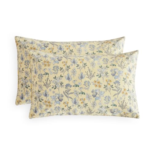 Wake In Cloud Floral Pillowcases, Vintage Botanical Cream Yellow, 2-Pack