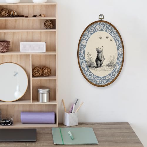 Vintage Bear Oval Framed Canvas Wall Art for Kids Room