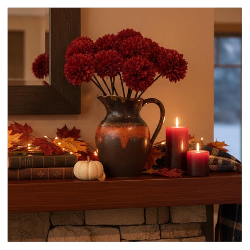 Burgundy Artificial Mums - 12Pcs Silk Flowers with Bendable Stems