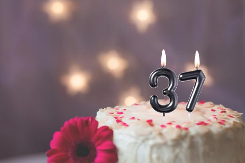 Glitter Black Number 37 Birthday Candles - 2 Pack for Celebrations