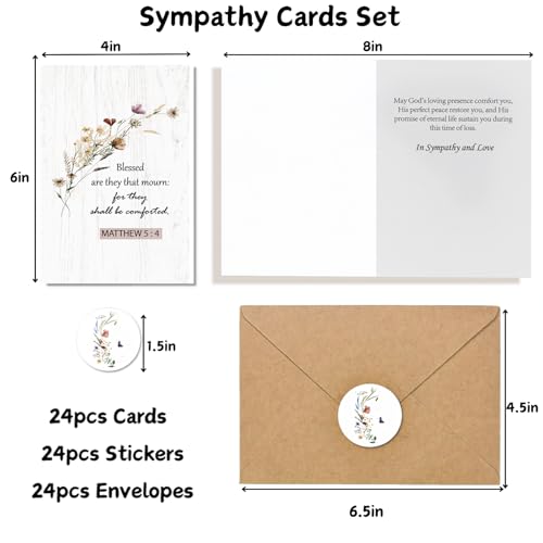 24-Pack Religious Sympathy Cards with Envelopes & Stickers - Floral Designs