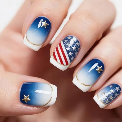 4th of July Press on Nails Medium Square French False Nails