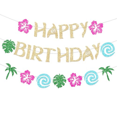 Glittery Gold Moana Birthday Banner - Tropical Luau Party Decor