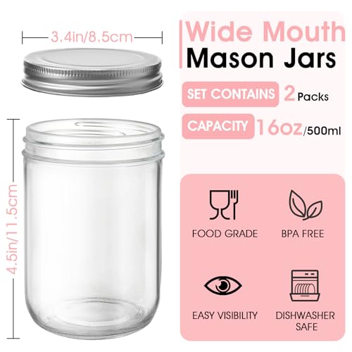Showvigor 16oz Wide Mouth Mason Jars - 2 Pack Airtight Glass Storage
