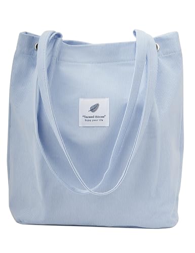 TOPASION Corduroy Tote Bag for Women - Mist Blue Shoulder Bag with Pocket