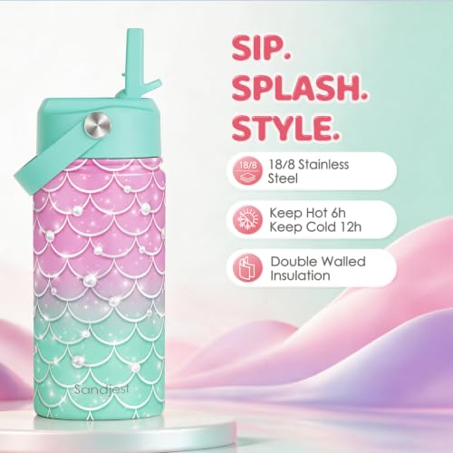 Kids Water Bottle 12oz Stainless Steel with Straw Lid - Mermaid & Unicorn Variation