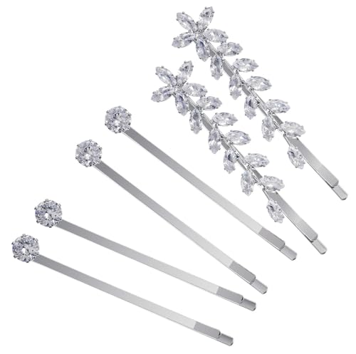 SICOPEE 6-Piece Crystal Rhinestone Hair Pins Set Silver Zircon Bridal Floral Leaf Hair Clips