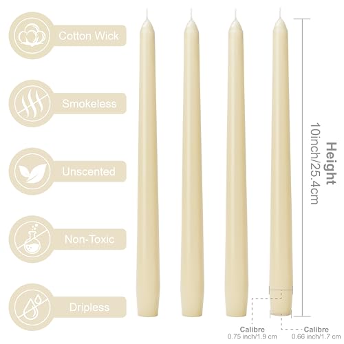 Auralome 10-Inch Ivory Taper Candles - Dripless Unscented Paraffin Wax - 4 Pack