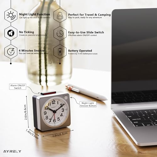 AYRELY Compact Battery Operated Travel Alarm Clock - Silent Analog, Snooze & Light