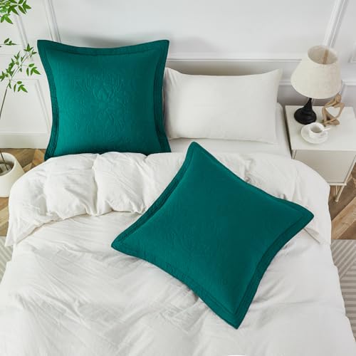 WINLIFE 100% Cotton Quilted Euro Sham Covers, 26" x 26" Square, Emerald Green, 2-Pack