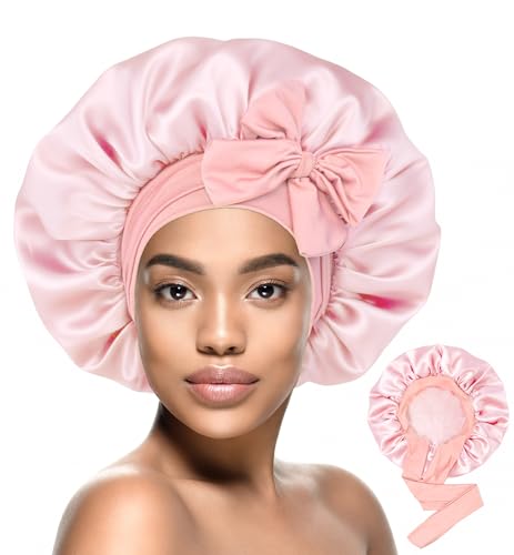 HiRui Double-Layer Silk Satin Sleep Bonnet with Adjustable Tie - Pink Medium