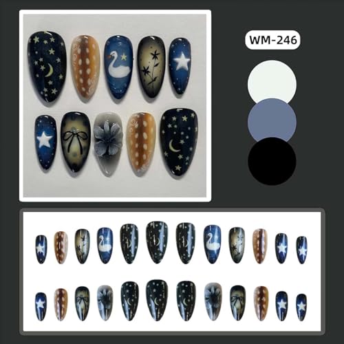 Medium Almond Press on Nails Star Moon Bow Glossy Acrylic Fake Nails