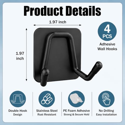 Heavy Duty Self-Adhesive Wall Hooks - 4 Pack Double Coat Hooks for Bathroom Kitchen Bedroom