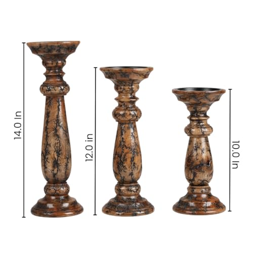 Natural Wooden Candle Holder Set of 3 - Tall Graduated Pillar Stands with Rustic Finish - 10, 12, 14 Inches